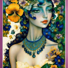 Colorful Artwork Featuring Woman with Green Eyes and Ornate Flowers