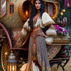 Elaborate gypsy attire woman near decorative caravan at dusk