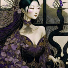 Illustration of woman with pale skin, long black hair, floral robe, blue bird, and foliage