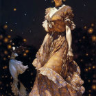 Elegant woman in brown gown under starry night sky