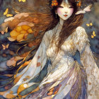 Asian woman with orange flowers, butterflies, golden gown in moonlit scene