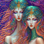 Ethereal women with ornate headpieces and flowing hair in mystical setting