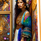 Traditional attire woman with vibrant colors and jewelry beside a floral-painted mirror