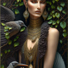 Illustrated woman with long hair and gold jewelry in mystical nature scene