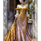 Illustration of woman in gold & brown gown against Asian backdrop