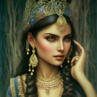 Stylized portrait of woman with green skin & intricate headpiece