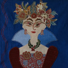 Detailed illustration of woman with ornate golden headgear and jewelry against dark, mystical oceanic backdrop