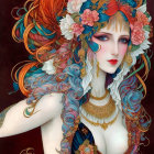 Illustration of woman with curly red hair, floral accessories, blue eye makeup, and gold jewelry