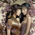 Surreal artwork featuring figures with red eyes, petals, mushrooms, and forest backdrop