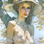 Fantasy illustration of woman with pale blue hair and blue eyes in elegant white hat.