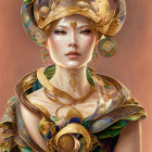 Regal woman illustration with ornate headdress and gold jewelry