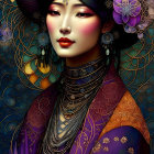 Illustrated portrait of woman with blue hair, flowers, jewelry, and captivating gaze against dark floral backdrop