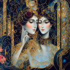 Symmetrical female figures with ornate headdresses and floral motifs in colorful art nouveau style