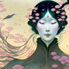 Illustrated portrait of woman with pale skin, dark hair, traditional makeup, surrounded by blossoming trees