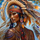 Portrait of Person in Indigenous Attire with Feathered Headdress