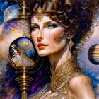 Illustrated woman with cosmic-themed makeup and jewelry surrounded by planets and stars.