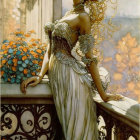 Illustration of woman in ornate attire leaning on elaborate railing