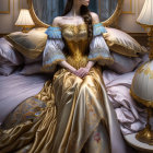 Woman in gold and white historical dress sitting on bed with ornate mirror