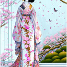 Geisha in floral kimono among cherry blossoms with butterfly.