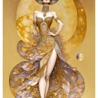 Celestial-themed woman illustration in golden gown surrounded by stars.