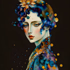 Surreal portrait of a woman with vibrant orbs and floral motifs