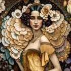 Serene woman in gold attire with floral patterns and feathers