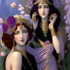 Stylized women in ornate headdresses and jewelry, one purple and one black, surrounded by