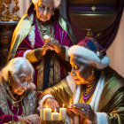 Elderly women in Three Wise Men costumes lighting candles