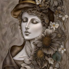 Detailed monochromatic illustration of woman with gold jewelry & floral patterns