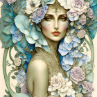 Female figure with floral crown and golden facial jewels in ethereal setting.