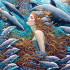 Surreal illustration: Woman fused with ocean motifs, stylized waves, and dolphins