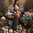 Young Woman by Tranquil Pond with Water Lilies