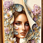 Illustration of woman's face from open book with floral patterns