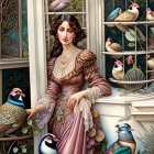 Victorian dress woman with colorful birds and ornate architecture