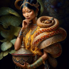 Mystical woman with serpent hair and peacock feather aesthetic