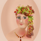 Woman with Sunflowers in Hair and Dress on Floral Background