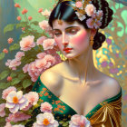 Illustrated Woman with Floral Crown and Dress Among Pink Roses