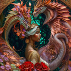 Illustrated woman adorned with gold jewelry and multi-headed dragon in lush, vibrant setting