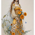 Woman in sunflower dress surrounded by greenery and butterfly.