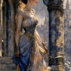 Illustrated woman in regal blue and white dress by gothic castle steps