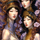 Two women in fantasy attire with golden headdresses and octopus-like elements on purple floral backdrop