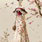 Detailed Floral-Patterned Gown with Puffed Sleeves and Butterflies