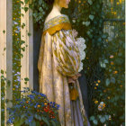 Portrait of Woman in Golden Gown by Window with Vines and Flowers