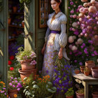 Vintage-dressed woman at garden gate with flowers and plants