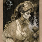 Illustrated woman in historical gold attire inhales from hookah in ornate frame