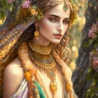 Woman in Golden Jewelry and Rose Shawl Amid Autumn Leaves