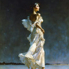 Woman in Ethereal White Dress by Serene Waterfront at Starry Night Sky