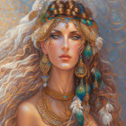 Intricate golden headdress and jewelry on woman illustration