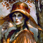 Stylized portrait of mystical woman in wide-brimmed hat and orange garment against twisting branches