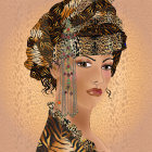 Intricate portrait of woman with golden headwear and jewelry